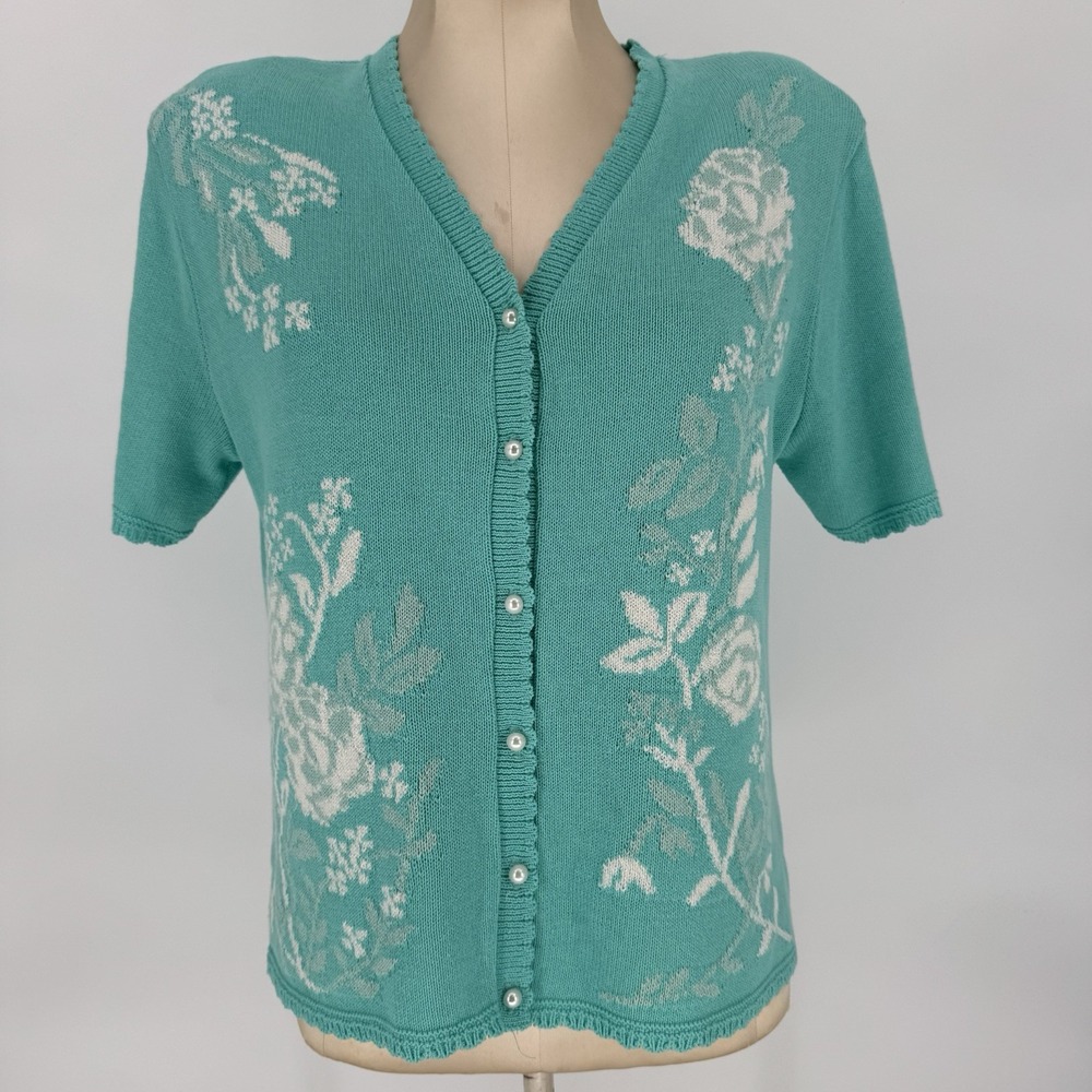 Vintage Cottagecore Cardigan Knit Women's Size Medium Grandma‎ Turquoise Floral